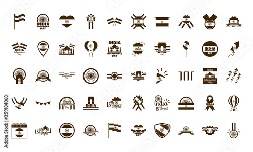 happy independence day india, freeedom celebration national icons set flat style