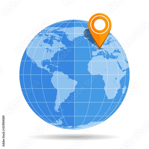 Globe Earth flat with orange map pin on Europe icon isolated on white background.