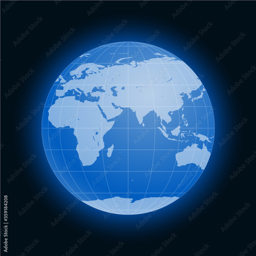 Globe Earth symbol flat icon isolated on black background. Europe, Asia, Africa, Australia, Antarctica, Arctic.