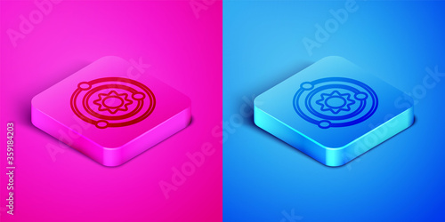 Isometric line Solar system icon isolated on pink and blue background. The planets revolve around the star. Square button. Vector.