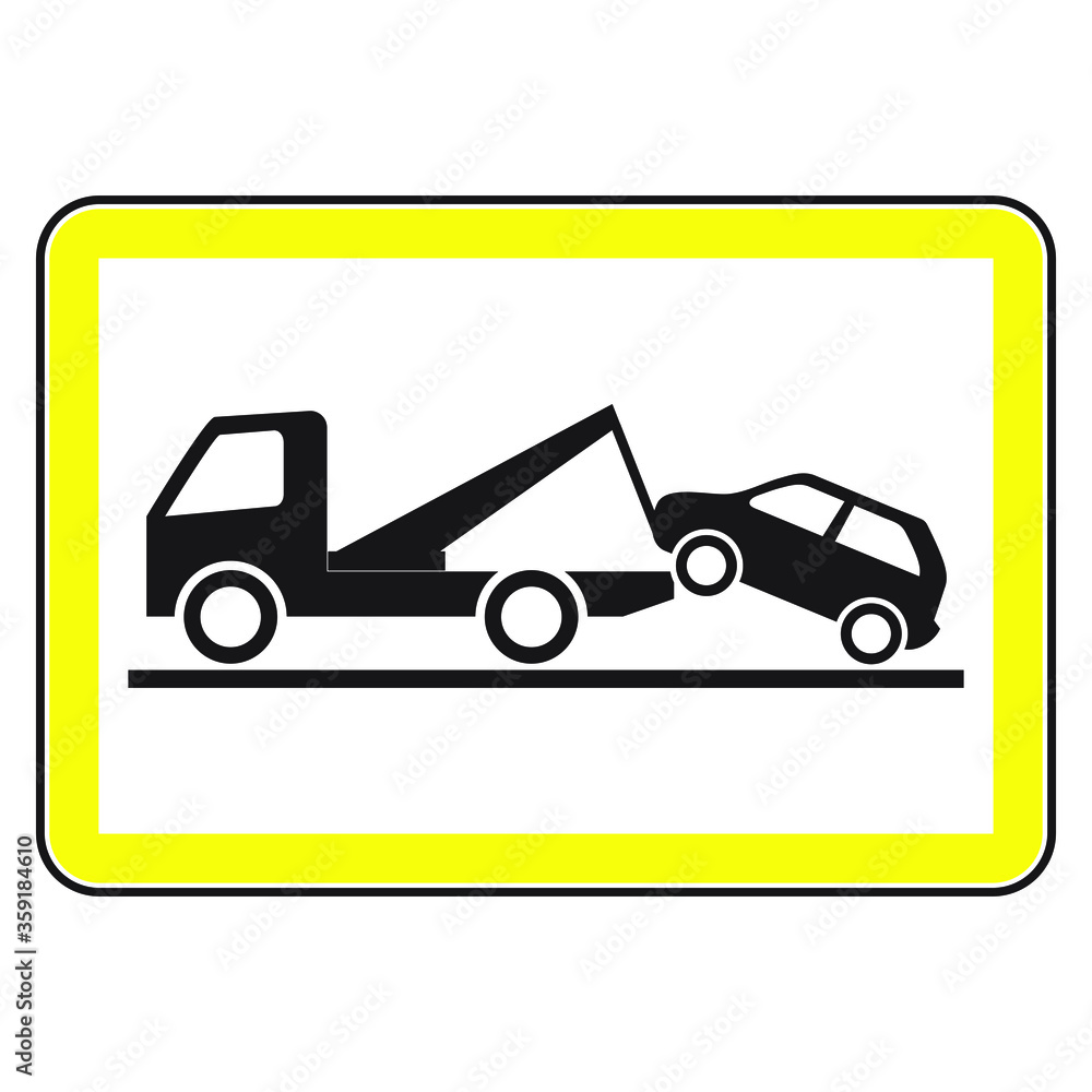 Traffic sign of a tow truck. Rectangular shape with a yellow border.