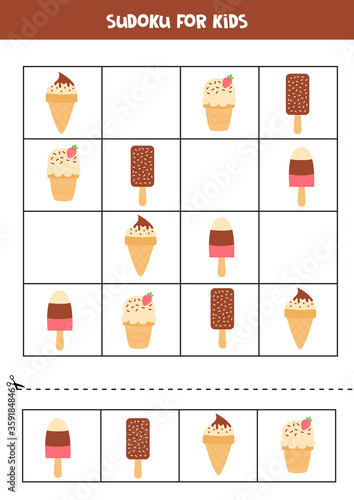 Sudoku for kids with cute cartoon ice creams.