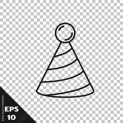 Black line Party hat icon isolated on transparent background. Birthday hat. Vector.