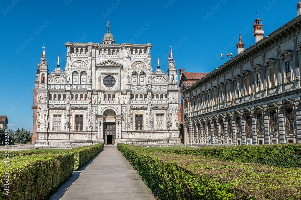 The beautiful facade of the Certosa of Pavia