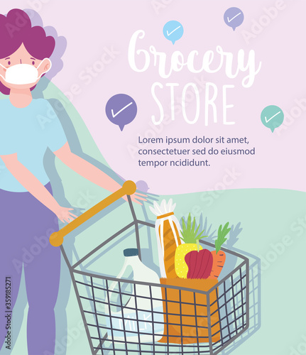 online market, woman with mask check mark products in cart, food delivery in grocery store