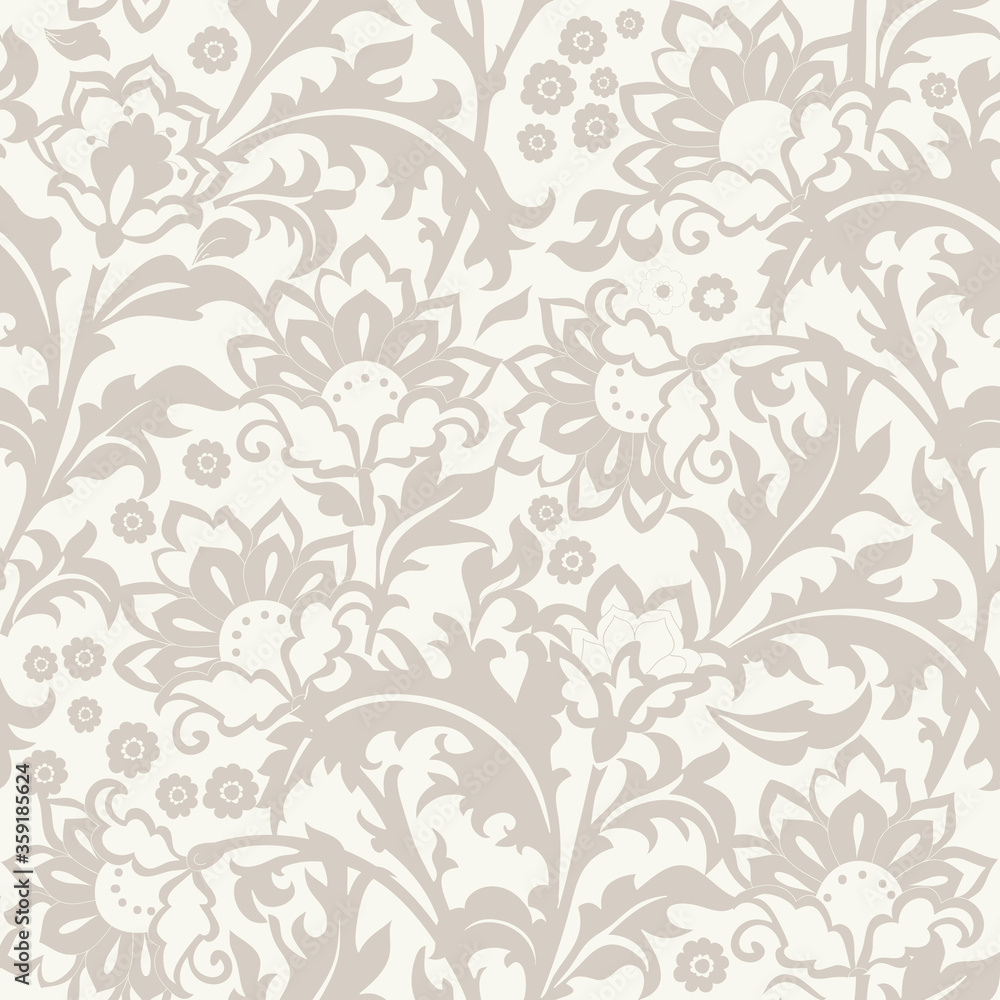 Seamless floral pattern in folk style with wildflowers, leaves. Hand drawn. Vector illustration