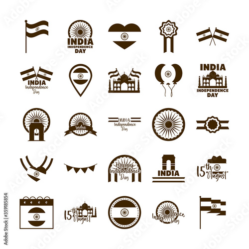 happy independence day india, freeedom celebration national icons set flat style