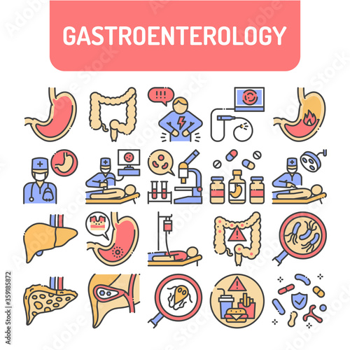 Gastroenterology color line icons set. Abdominal medical examination. Pictograms for web, mobile app, promo. UI UX design elements. Editable stroke.