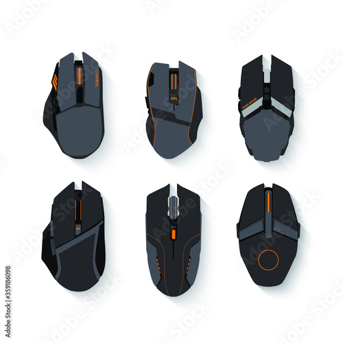 gamer workspace concept, top view a gaming mouse  on table background.