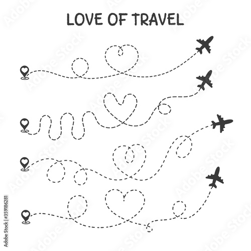 Love to travel The plane travel route is the heart of a romantic lover.