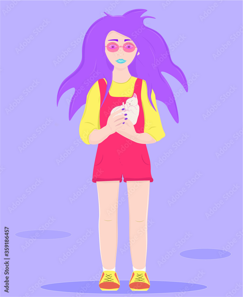 a girl in a red jumpsuit with a white cat in her arms a girl in a red jumpsuit with a white cat in her arms