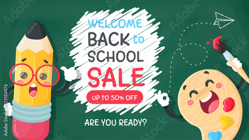 Vector cartoon pencil Write a welcome message back to school on the blackboard.