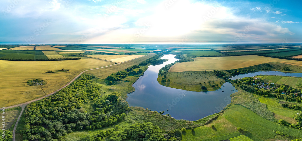  Sredny Zelenchuk river near in the Sredny  farm, Krasnodar Territory, South of Russia. Aerial   panorama on a summer day