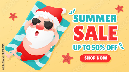 Vector cartoon santa claus is relaxing while sunbathing on the beach in summer The concept of summer promotion
