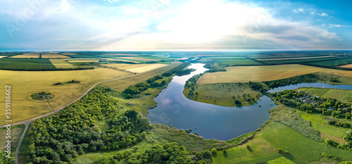  Sredny Zelenchuk river near in the Sredny  farm  Krasnodar Territory  South of Russia. Aerial   panorama on a summer day