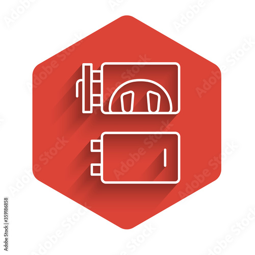 White line Crematorium icon isolated with long shadow. Red hexagon button. Vector.