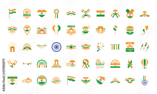 happy independence day india, freeedom celebration national icons set flat style