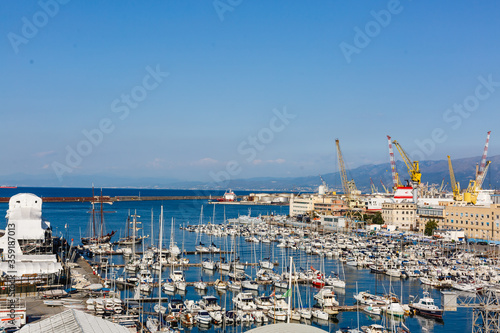 GENOA, ITALY - August 16, 2019: Aerial view of the commercial port of Genoa.