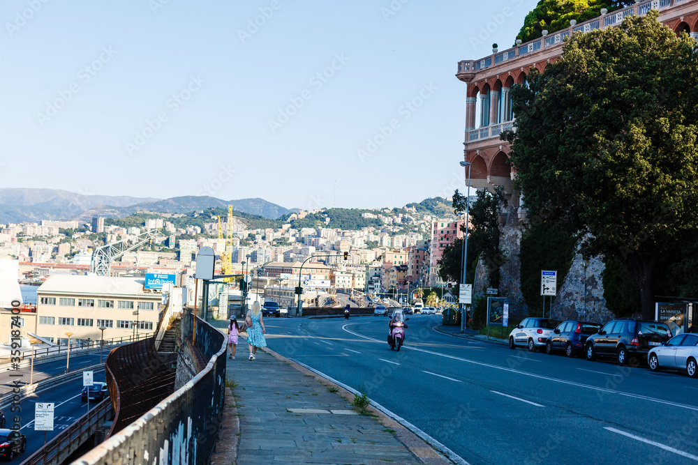 GENOA, ITALY - August 16, 2019: A view on the old town and harbor of Genoa, Italy