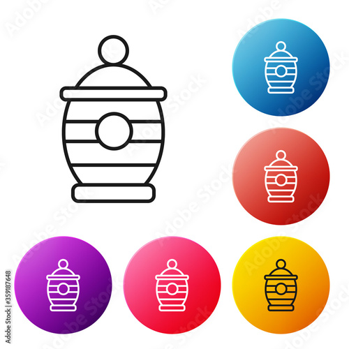 Black line Funeral urn icon isolated on white background. Cremation and burial containers, columbarium vases, jars and pots with ashes. Set icons colorful circle buttons. Vector.