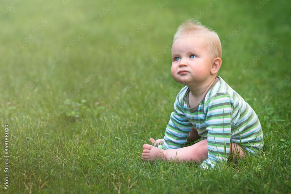 cute little baby with blue eyes sitting on the green grass and looking upwards, banner copy space, child connect with the nature cute little baby with blue eyes sitting on the green grass and looking upwards, banner copy space, child connect with the nature