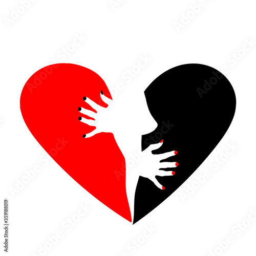 The heart is divided into two halves. The red and the black. A woman's silhouette against a broken heart.