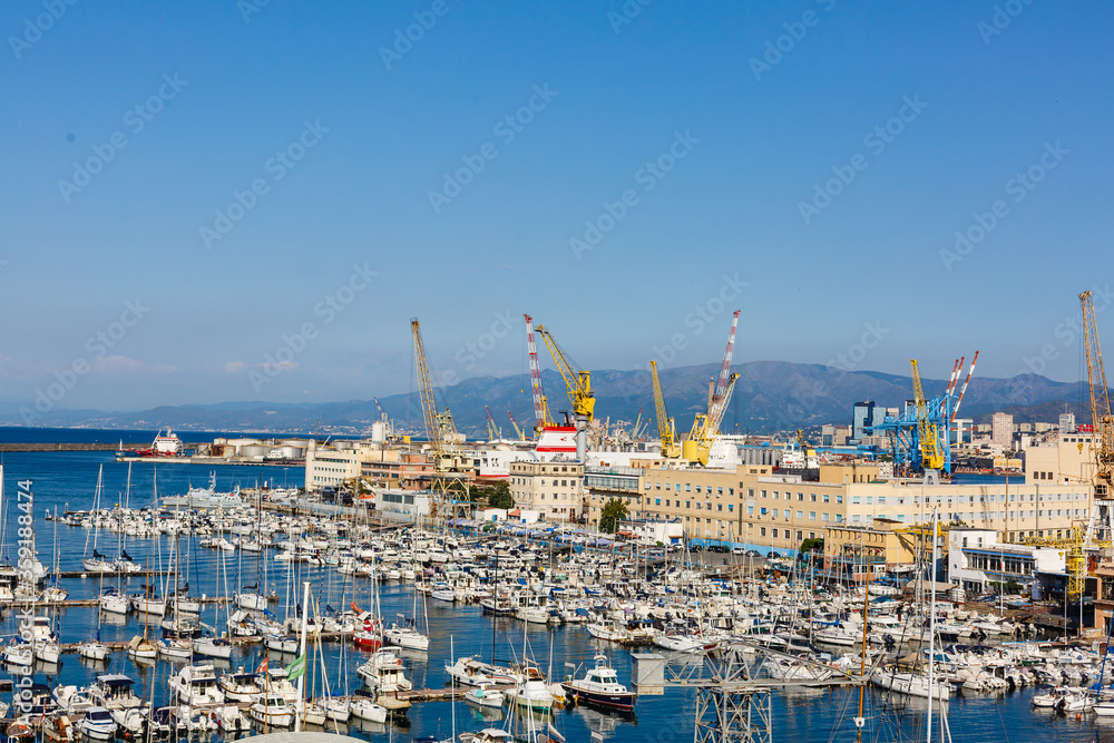GENOA, ITALY - August 16, 2019: Aerial view of the commercial port of Genoa.