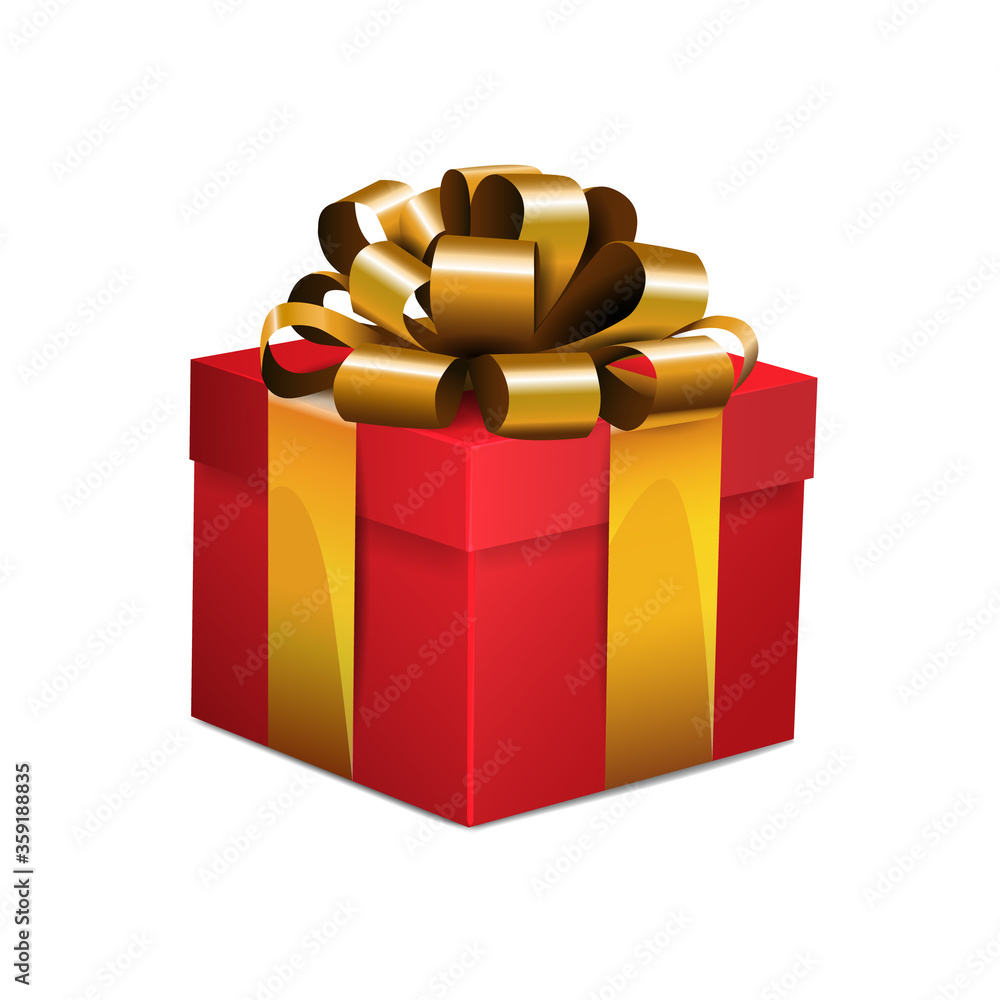Red gift box with a gold ribbon or bow. Holiday packaging. Gift. Vector isolated stock illustration. Congratulations on the birthday. Clipart for postcards Red gift box with a gold ribbon or bow. Holiday packaging. Gift. Vector isolated stock illustration. Congratulations on the birthday. Clipart for postcards