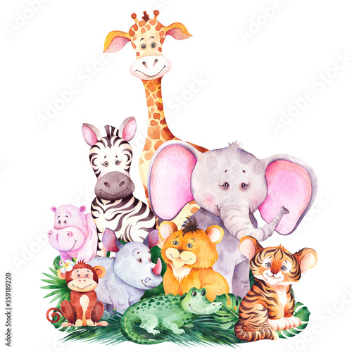 Photography Cute african cartoon animals isolated on white background.