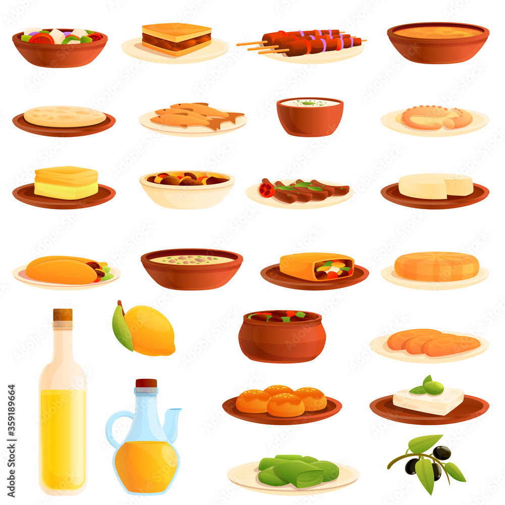 Greece food icons set. Cartoon set of Greece food vector icons for web design Greece food icons set. Cartoon set of Greece food vector icons for web design