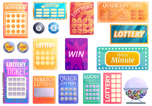 Lottery icons set. Cartoon set of lottery vector icons for web design