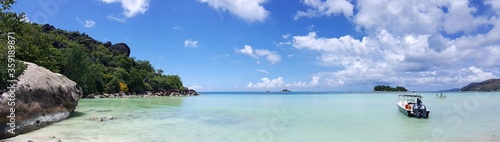 Panoramic view of a scenic beach at Seychelles islands