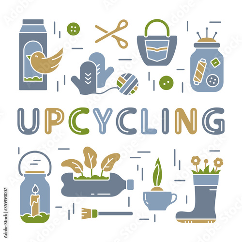 Upcycling silhouette square poster. Cutout emblem of needlework, gardening, handmade. Outline print for card, label. Isolated icons set with lettering. Color flat vector illustration, white background