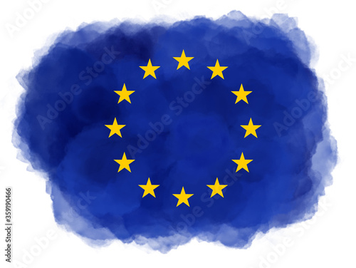 Blue watercolor splash with circle of yellow stars from the EU European Union flag isolated on white background. Computer generated watercolor image.