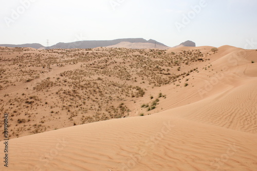 Hot and arid desert sand dunes terrain in Sharjah emirate in the United Arab Emirates. The oil-rich UAE receives less than 4 inches of rainfall a year and relies on water from desalination plants.