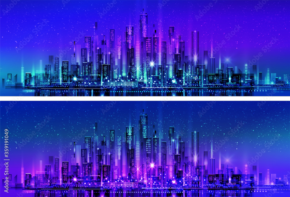 Night city skyline with neon glow. Illustration with architecture, skyscrapers, megapolis, buildings, downtown.