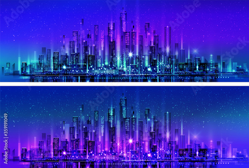 Night city skyline with neon glow. Illustration with architecture, skyscrapers, megapolis, buildings, downtown.