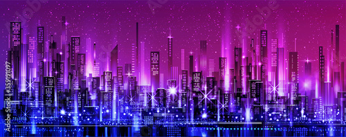 Night city skyline with neon glow. Illustration with architecture, skyscrapers, megapolis, buildings, downtown.