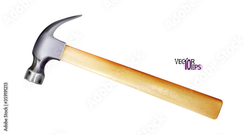 Modern steel realistic hammer with wooden handle. Work tool isolated on white background. Vector illustration.