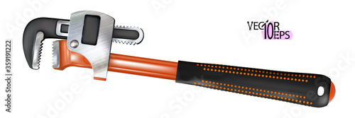 Adjustable realistic plumber wrench, pipe wrench. Plumbing tool, repair instrument isolated on white background. Plier, spanner. Vector illustration.