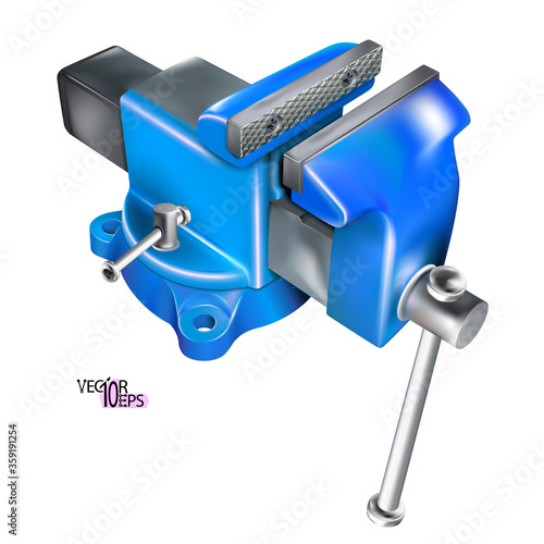 Realistic Heavy Duty bench vise on swivel base. 3D Metal blue vice, metalwork tool isolated on white background. Vector illustration.
