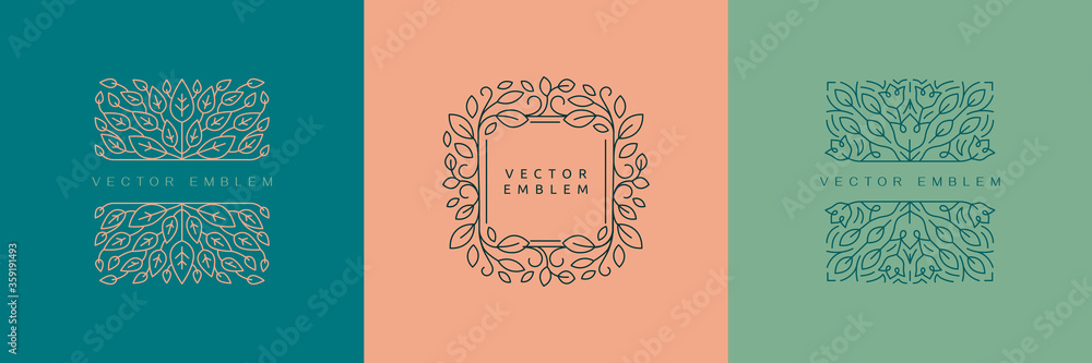 Vector design templates in simple modern style with copy space for text, flowers and leaves - wedding invitation backgrounds and frames, social media stories wallpapers - obrazy, fototapety, plakaty 