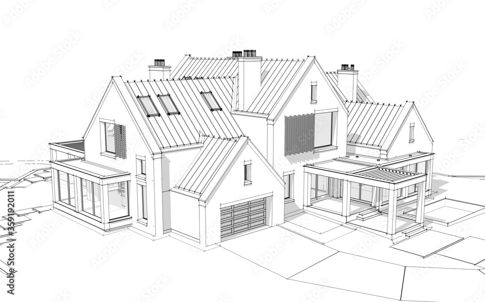 3d rendering of modern cozy clinker house on the ponds with garage and pool for sale or rent. Black line sketch with soft light shadows on white background