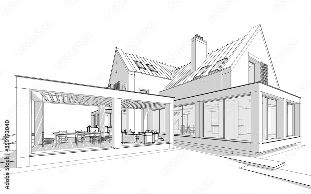 3d rendering of modern cozy clinker house on the ponds with garage and pool for sale or rent. Black line sketch with soft light shadows on white background