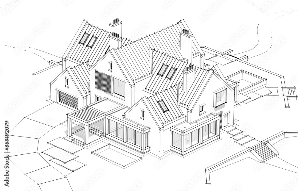3d rendering of modern cozy clinker house on the ponds with garage and pool for sale or rent. Black line sketch with soft light shadows on white background 3d rendering of modern cozy clinker house on the ponds with garage and pool for sale or rent. Black line sketch with soft light shadows on white background