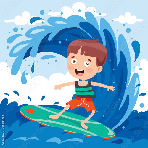 Happy Cartoon Character Surfing At Sea