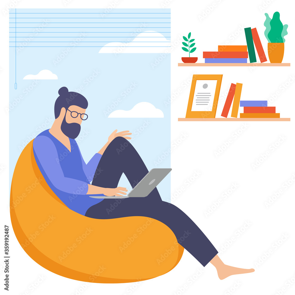 Fototapeta premium The best place for remote work. Young man is working outsourced. lat design vector illustration, ready to animation vector concept for web site, presentation, mobile app.