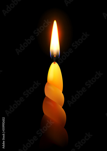 Wax candle with flame, on black background. Vector illustration.