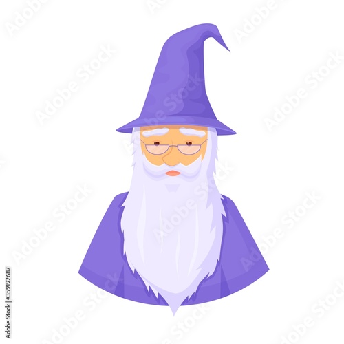 Ancient wizard avatar. Wise magician with thick gray beard and blue cap and toga fantasy character legends cartoon fairy tales mixture of huge vector knowledge magic.