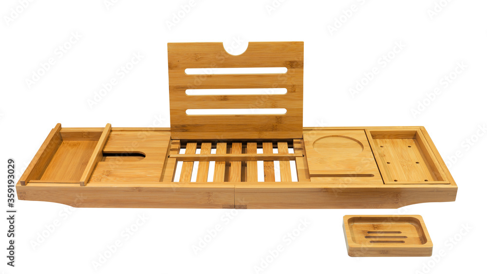 Obraz premium Extendable bamboo wooden bathroom tray with various object holders isolated on white background
